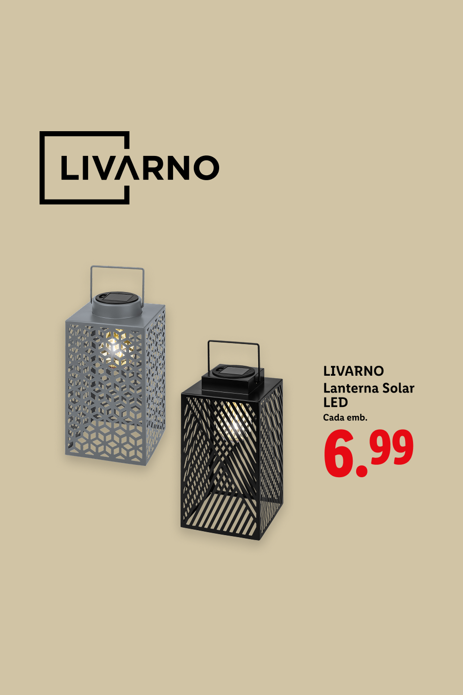 Duas lanternas solares LED, uma cinzenta e outra preta, com um preço de 6,99.