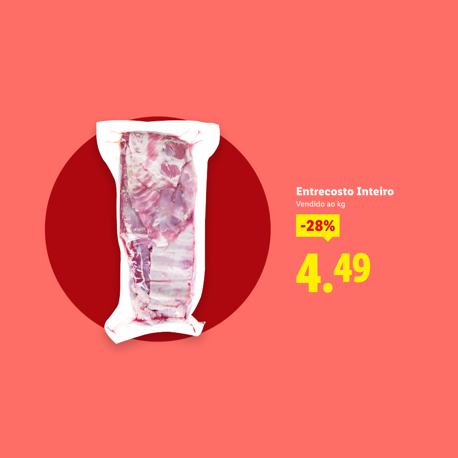 Entrecosto inteiro embalado a vácuo, com desconto de 28% e preço de 4,49.