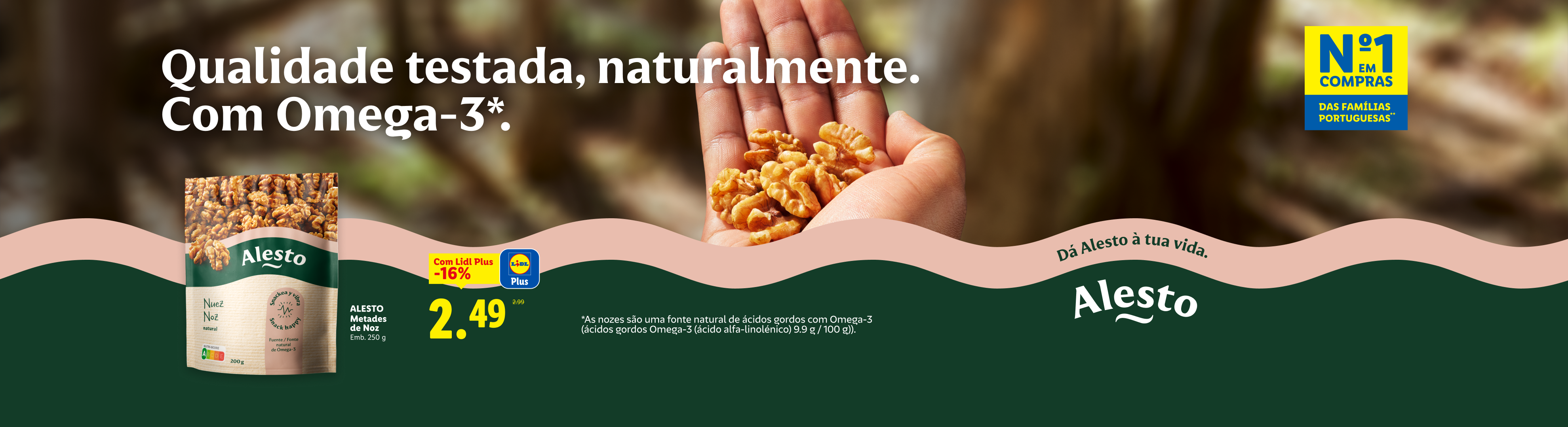 Nozes com Omega-3, com desconto para clientes Lidl Plus, e o slogan 'Dá Alesto à tua vida'.