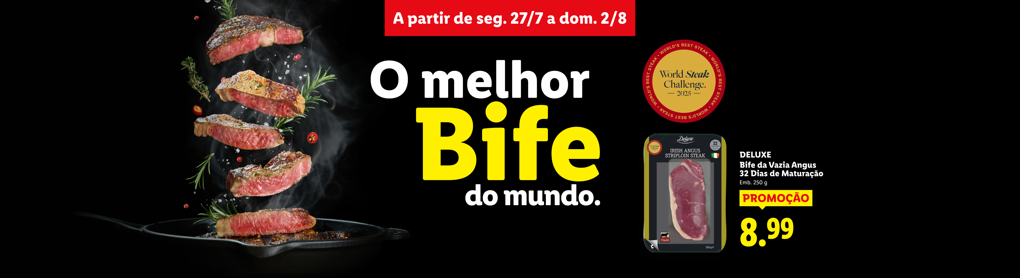 Anúncio de bife Angus em promoção, com bifes grelhados e embalagem de bife cru, destacando a qualidade de 'Melhor Bife do Mundo'.