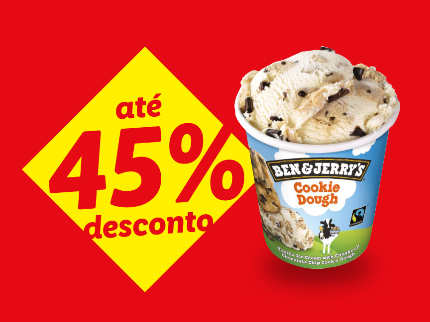 Até 45% de desconto em sorvete Ben & Jerry's Cookie Dough.