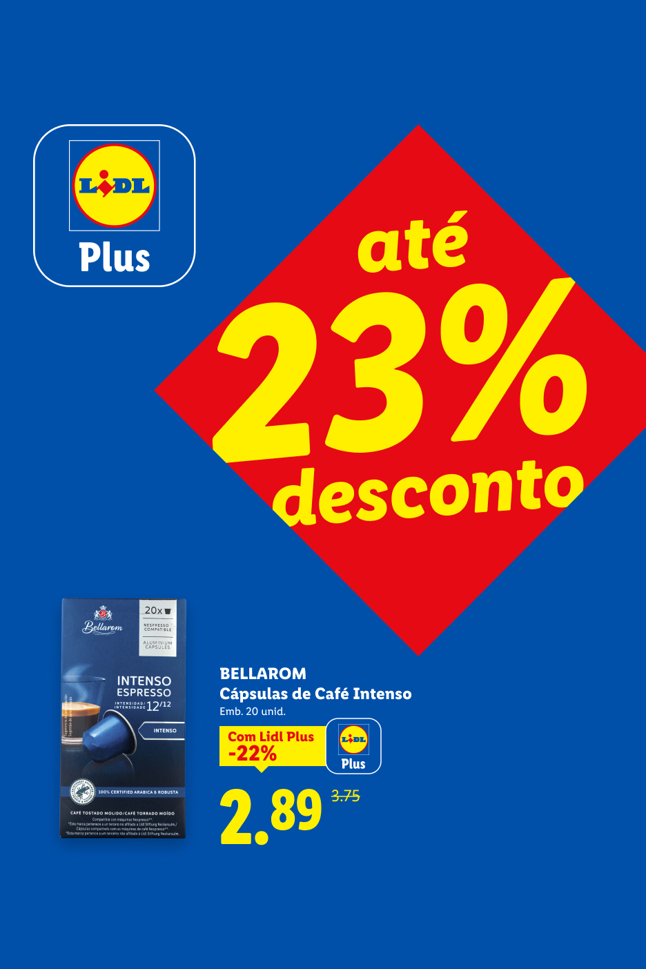 Cápsulas de café intenso com 23% de desconto, preço especial com Lidl Plus.