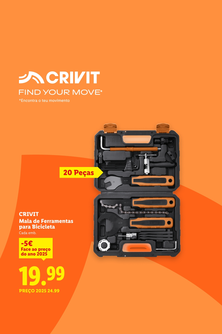 Mala de ferramentas para bicicleta com 20 peças, em promoção por 19,99€.