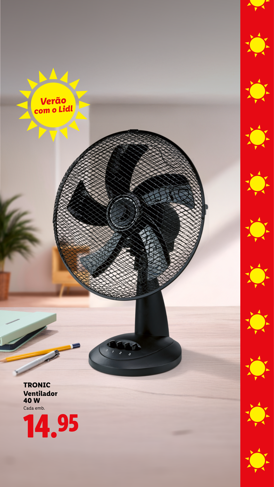 Ventilador de mesa preto com 40W, preço de 14,95. Tema de verão com o Lidl.