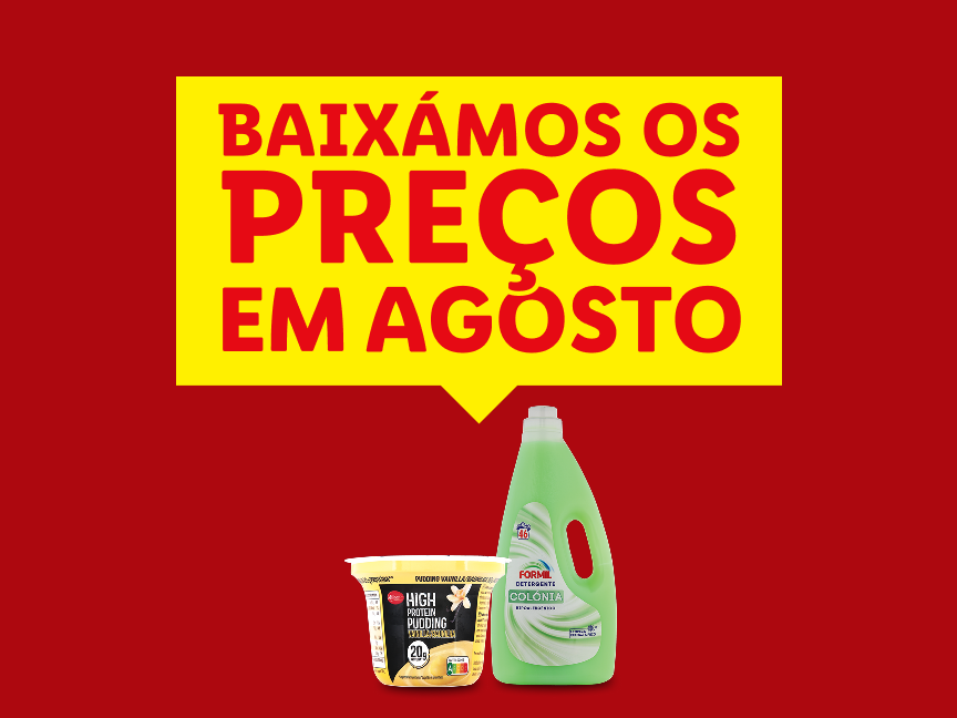 Promoção de agosto com preços baixos em produtos de limpeza Formil e pudim de proteína.