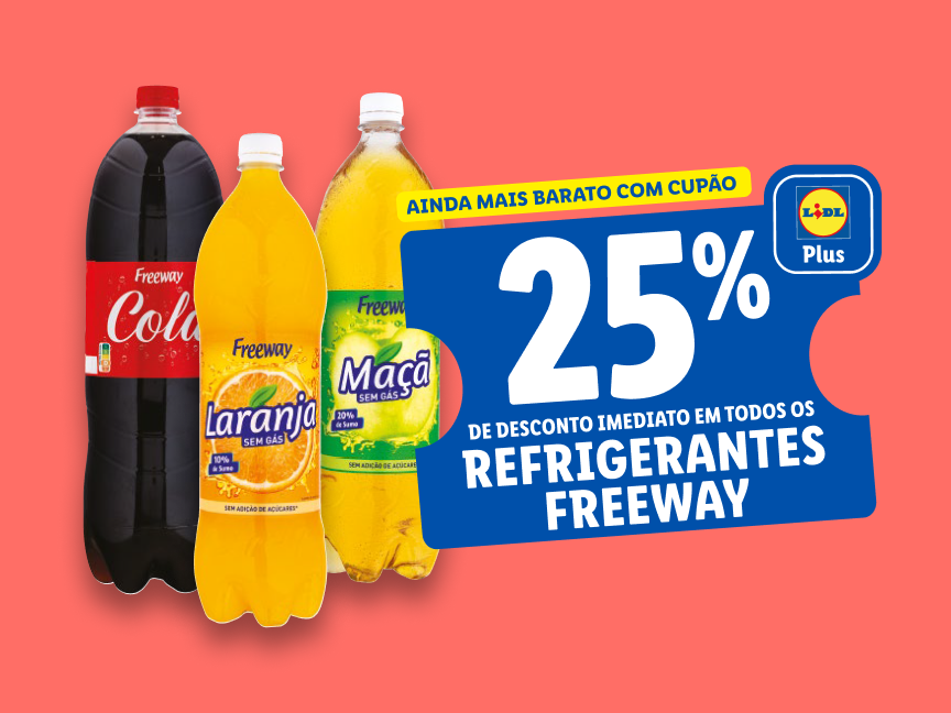 Promoção Lidl Plus: 25% de desconto em refrigerantes Freeway (Cola, Laranja e Maçã).