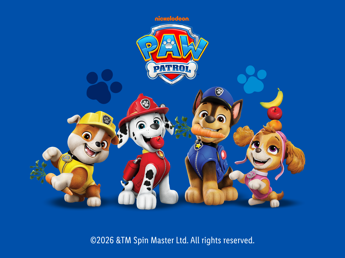 Quatro cachorros de desenho animado, incluindo um buldogue, dálmata, pastor alemão e cocker spaniel, com o logótipo 'PAW PATROL' e o texto '©2026 &TM Spin Master Ltd. All rights reserved.'.