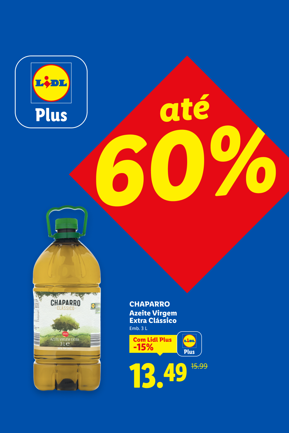 Garrafa de azeite de 3L com desconto de 15% para membros Lidl Plus, agora 13,49€, antes 15,99€.