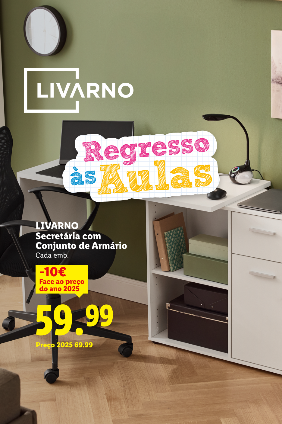 Secretária com conjunto de armário para o regresso às aulas, com desconto de 10€, agora 59.99€.