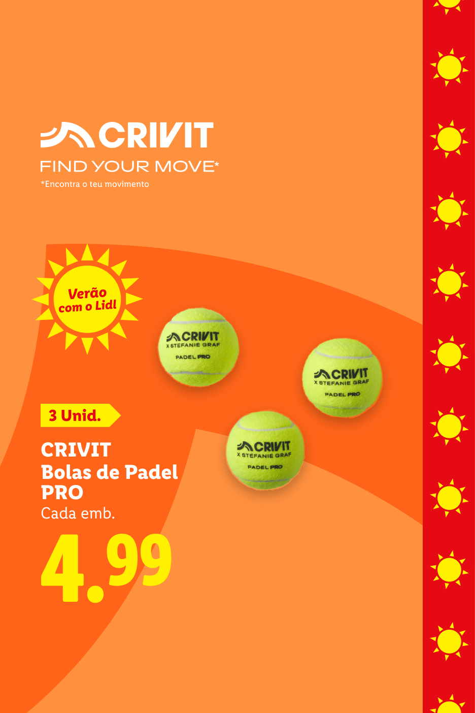 Três bolas de padel verdes com o logótipo da marca, em promoção por 4,99€, com o tema 'Verão com o Lidl'.