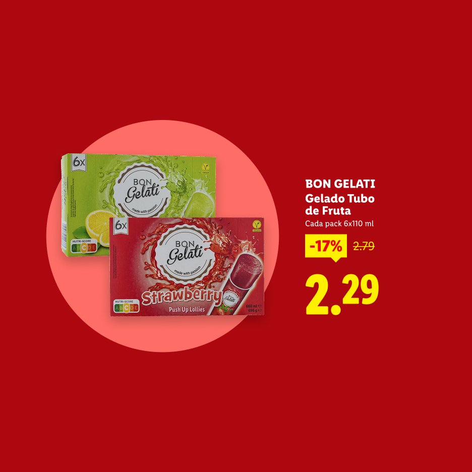 Gelados de fruta em tubo, com sabores de limão e morango, em promoção.