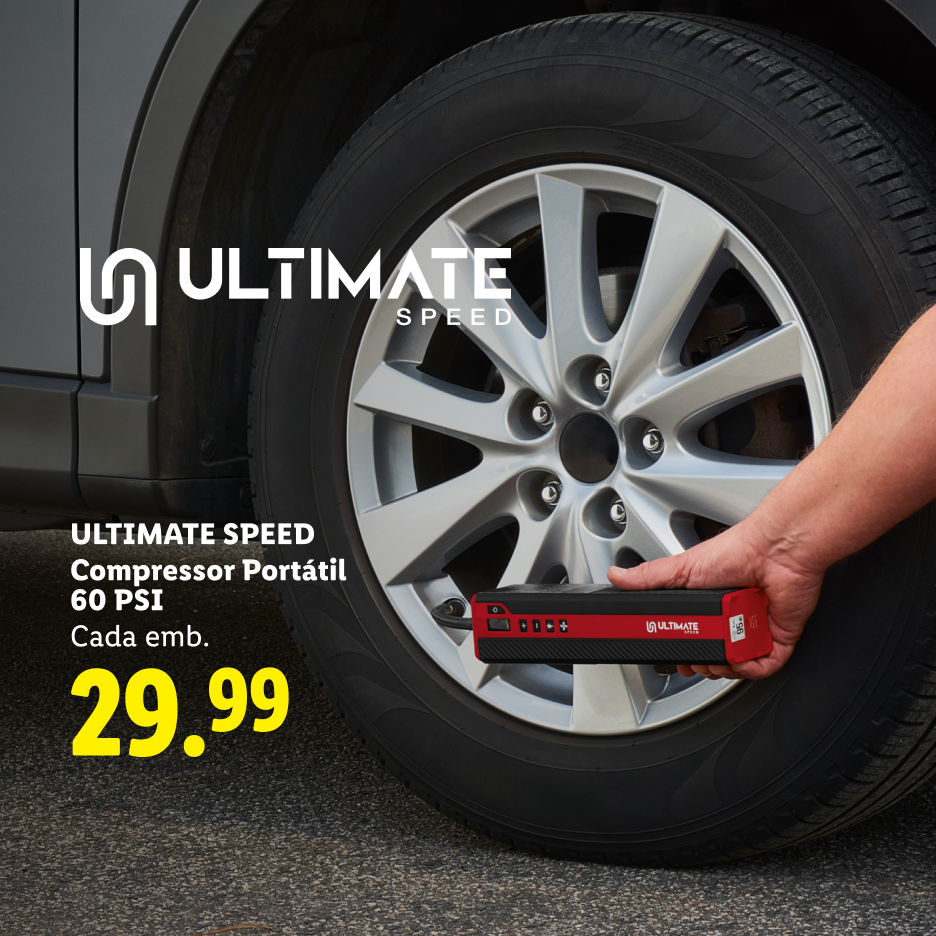 Compressor portátil de 60 PSI a 29.99€, sendo usado para encher um pneu de carro.