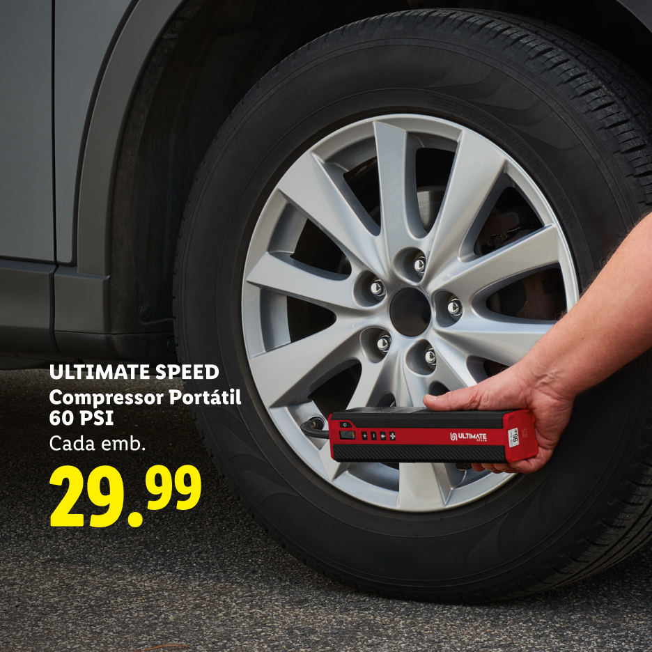 Compressor portátil de 60 PSI a 29.99€, sendo usado para encher um pneu de carro.