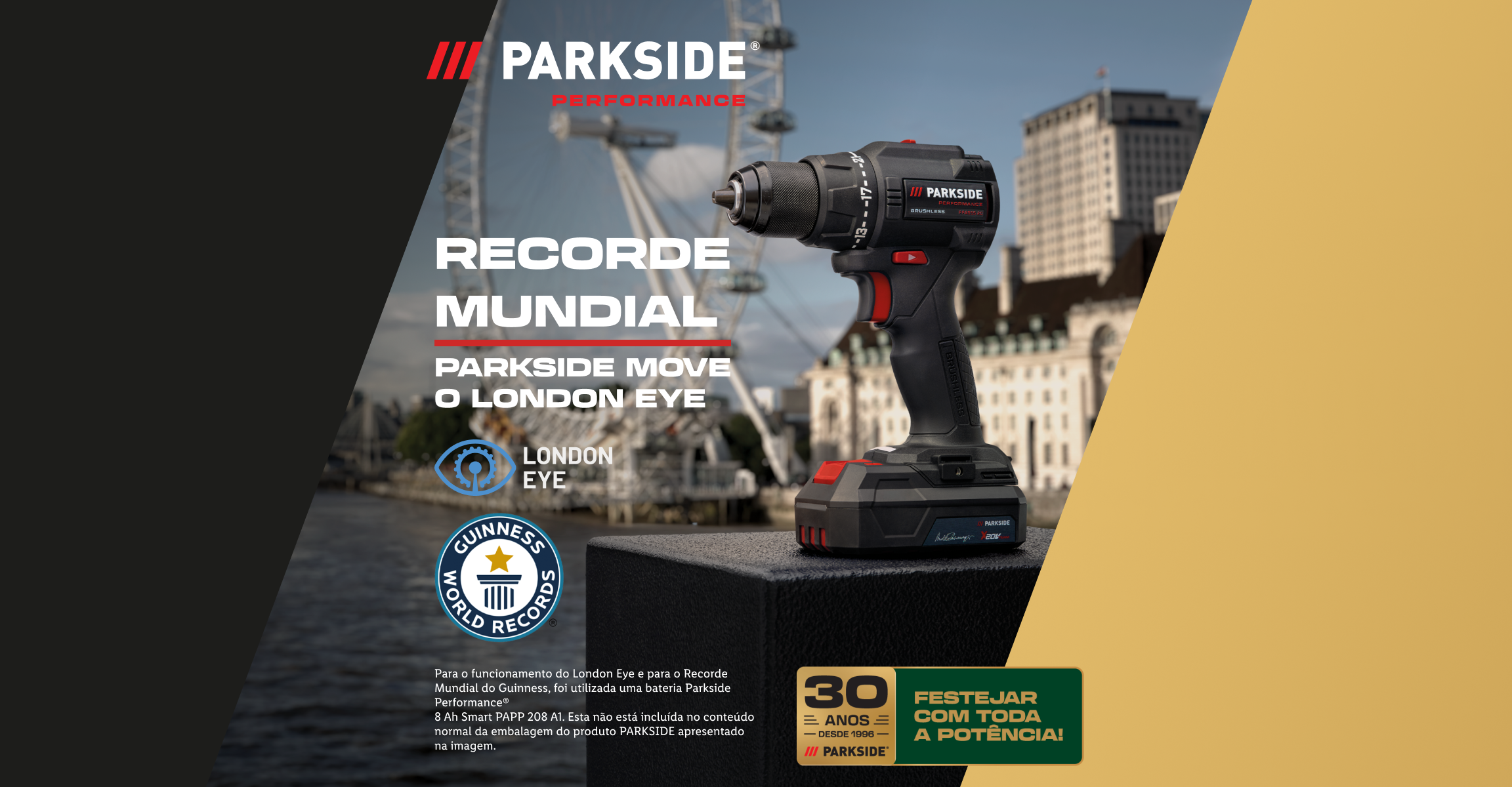 Berbequim sem fios com bateria, Guinness World Records e o London Eye ao fundo, celebrando 30 anos.