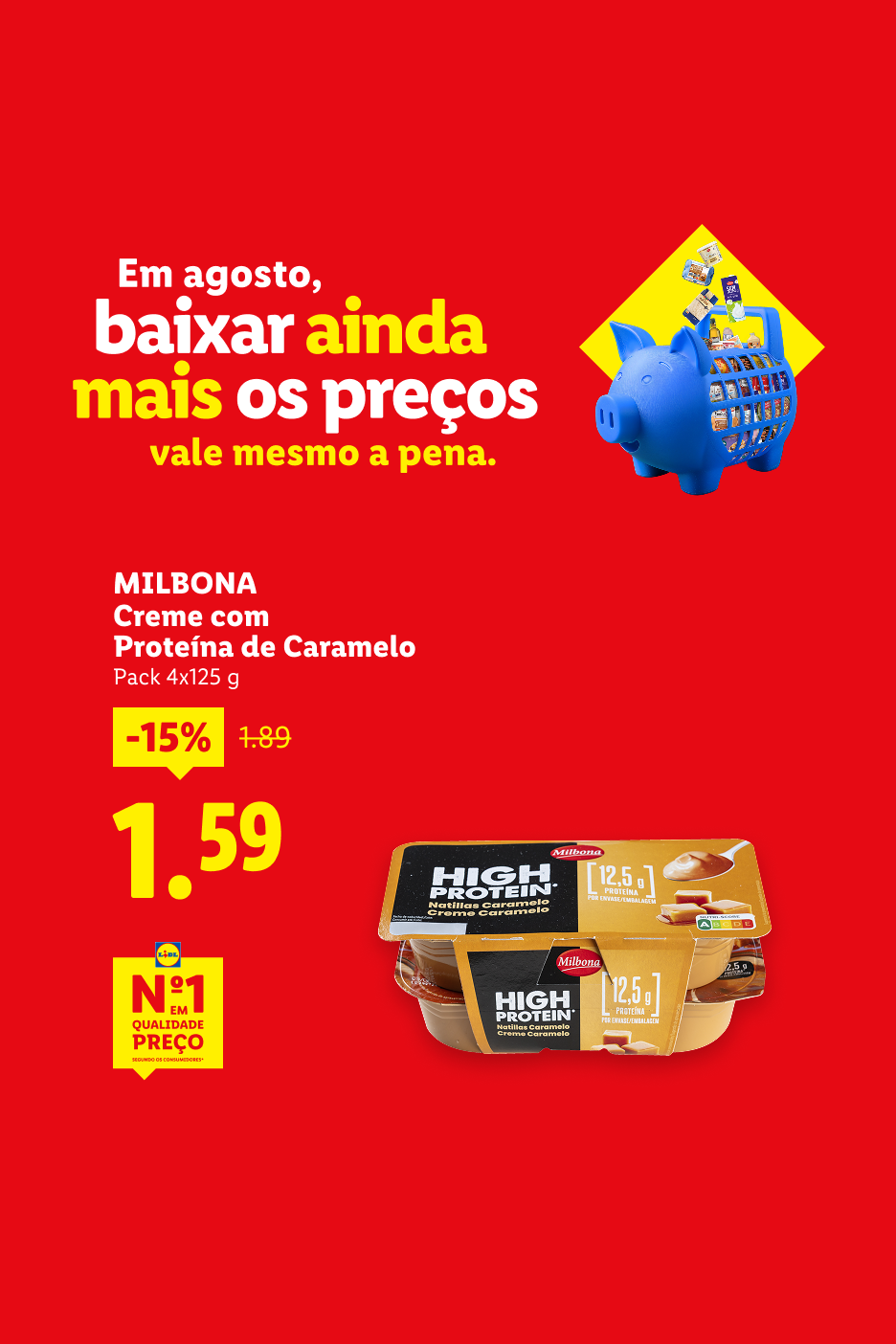 Anúncio de supermercado com creme de caramelo com proteína em promoção e um mealheiro azul.