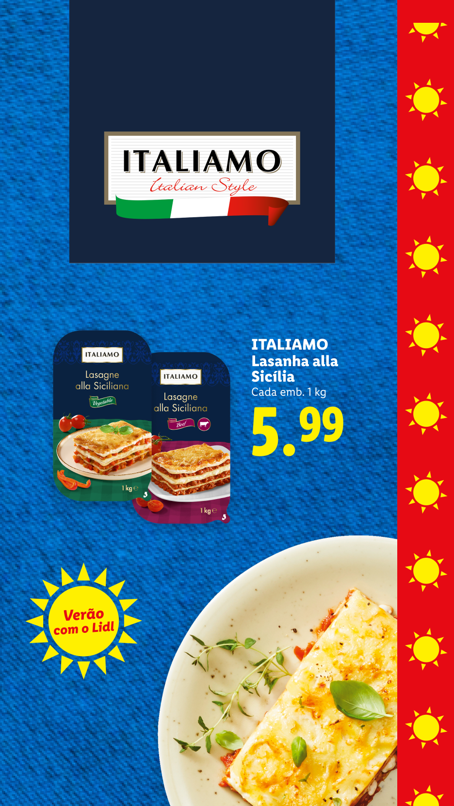 Lasagna à Siciliana, de carne e vegetais, com o preço de 5,99€ por 1kg.