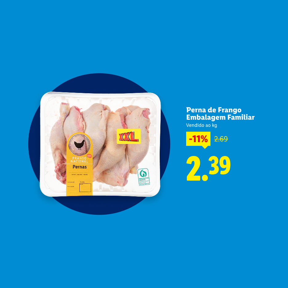 Embalagem de pernas de frango com desconto de 11%, custando 2,39€ por kg.