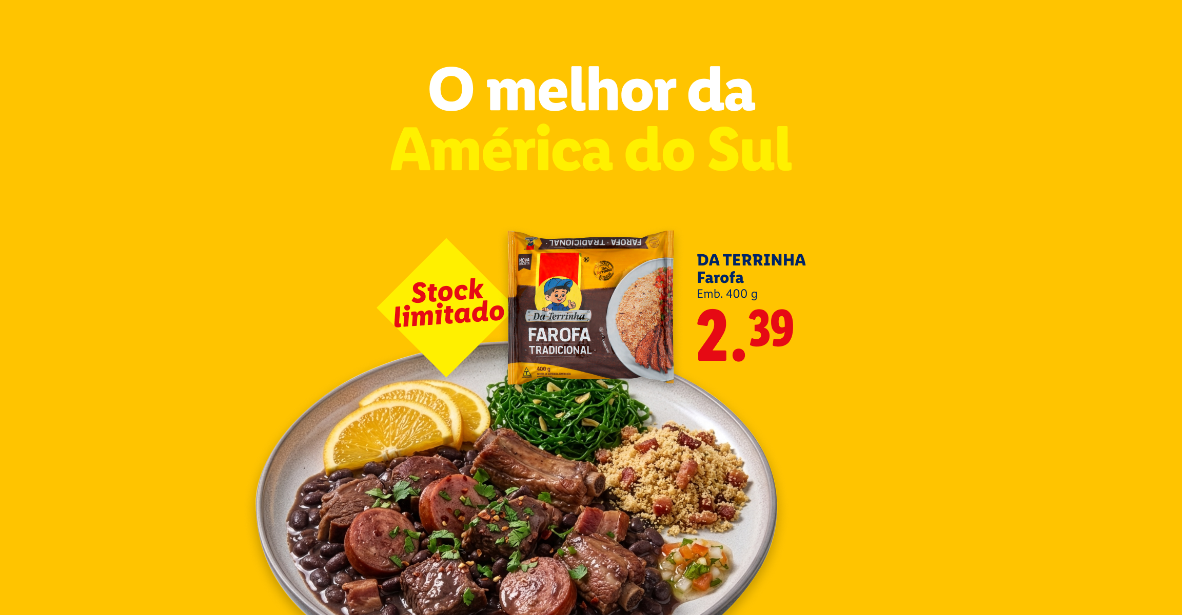 Farofa e Paçoquita em destaque, com um prato de feijoada ao fundo, sobre um fundo amarelo.