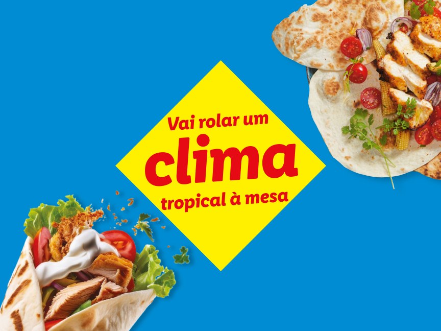 Um wrap e um prato de frango com tortilhas, com texto promocional em amarelo.