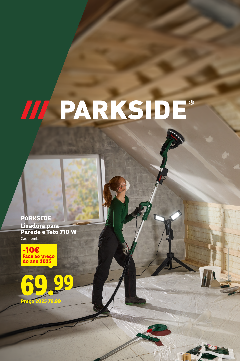 Lixadora de parede e teto de 710 W, com preço de 69,99€, em promoção de -10€ face ao preço de 2025.