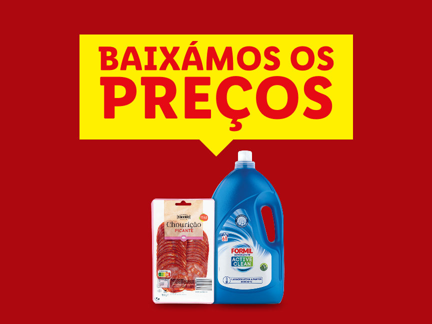Um pacote de chourição e uma garrafa de detergente Formil, com texto 'BAIXÁMOS OS PREÇOS'.