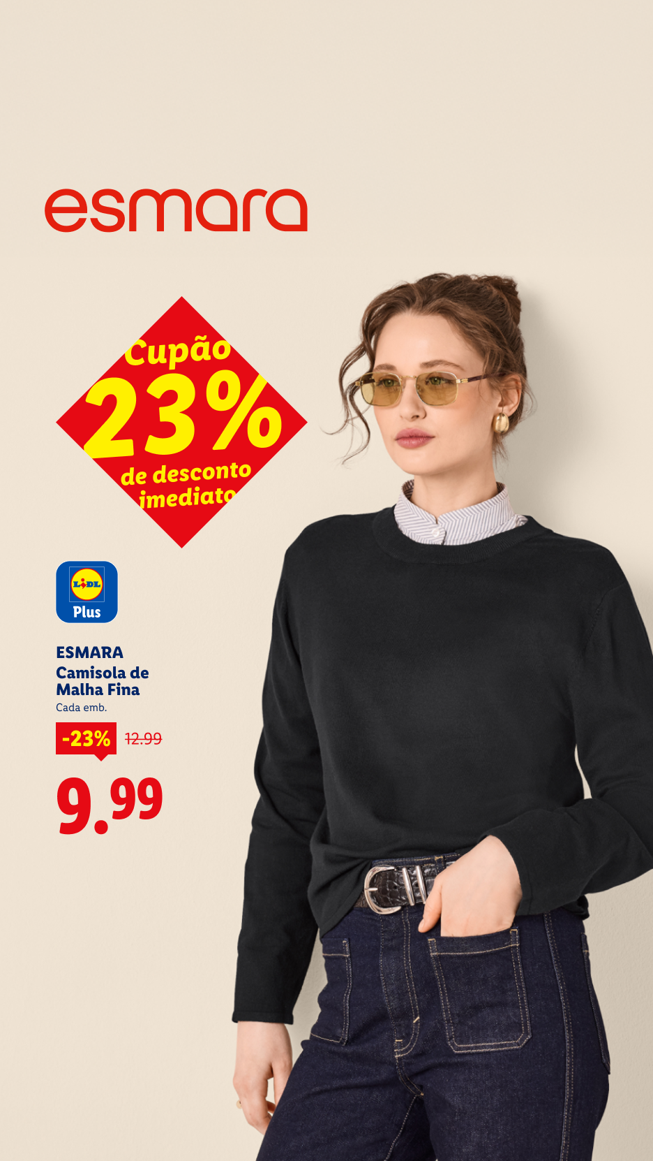 Camisola de malha fina preta para mulher, com 23% de desconto imediato, agora 9,99€.