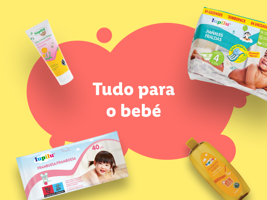 Produtos para bebé, incluindo fraldas, toalhitas, creme e champô, com a marca Lupilu.