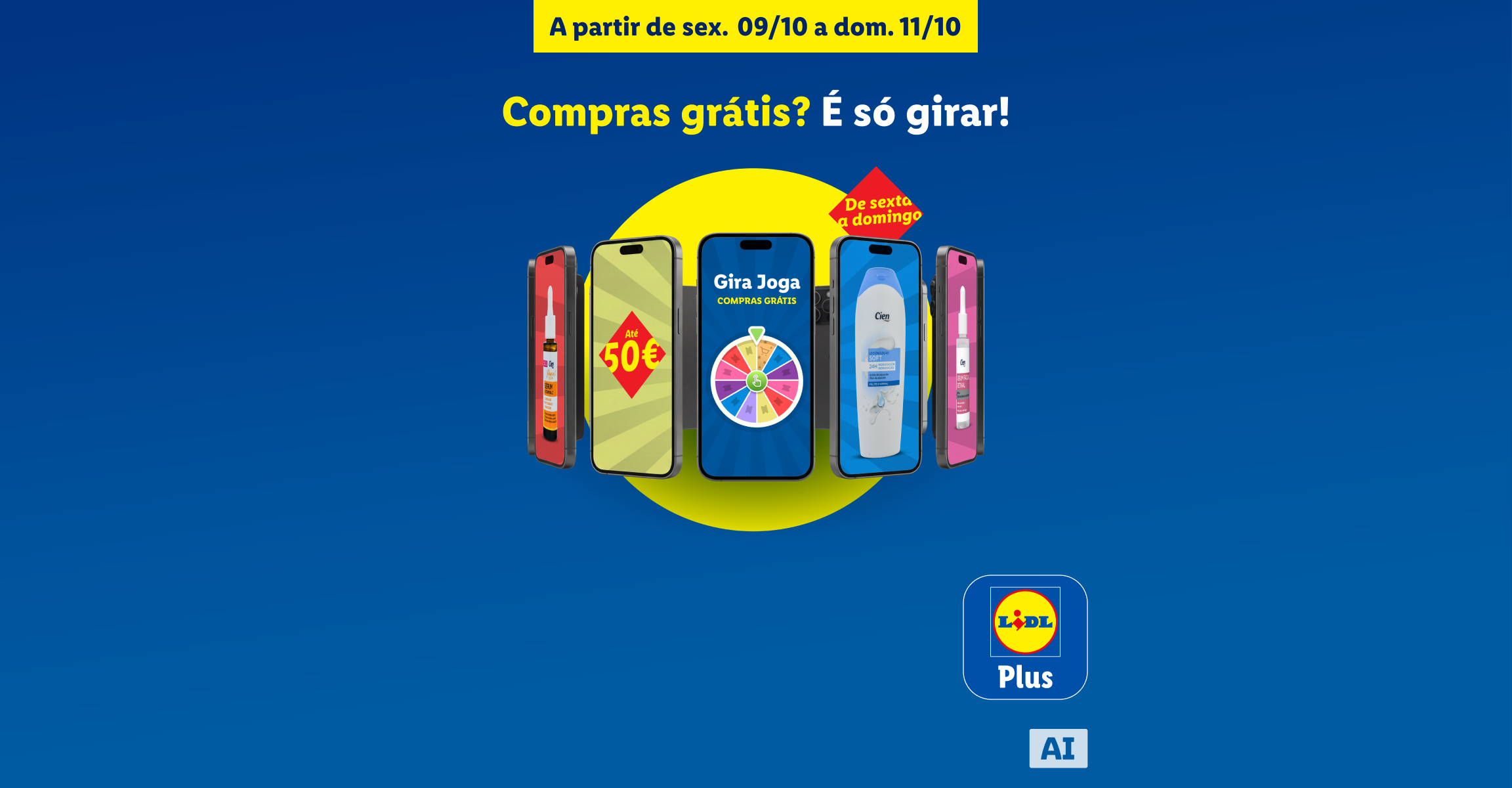 Campanha digital com smartphones mostrando roda da sorte e produtos de cosmética.