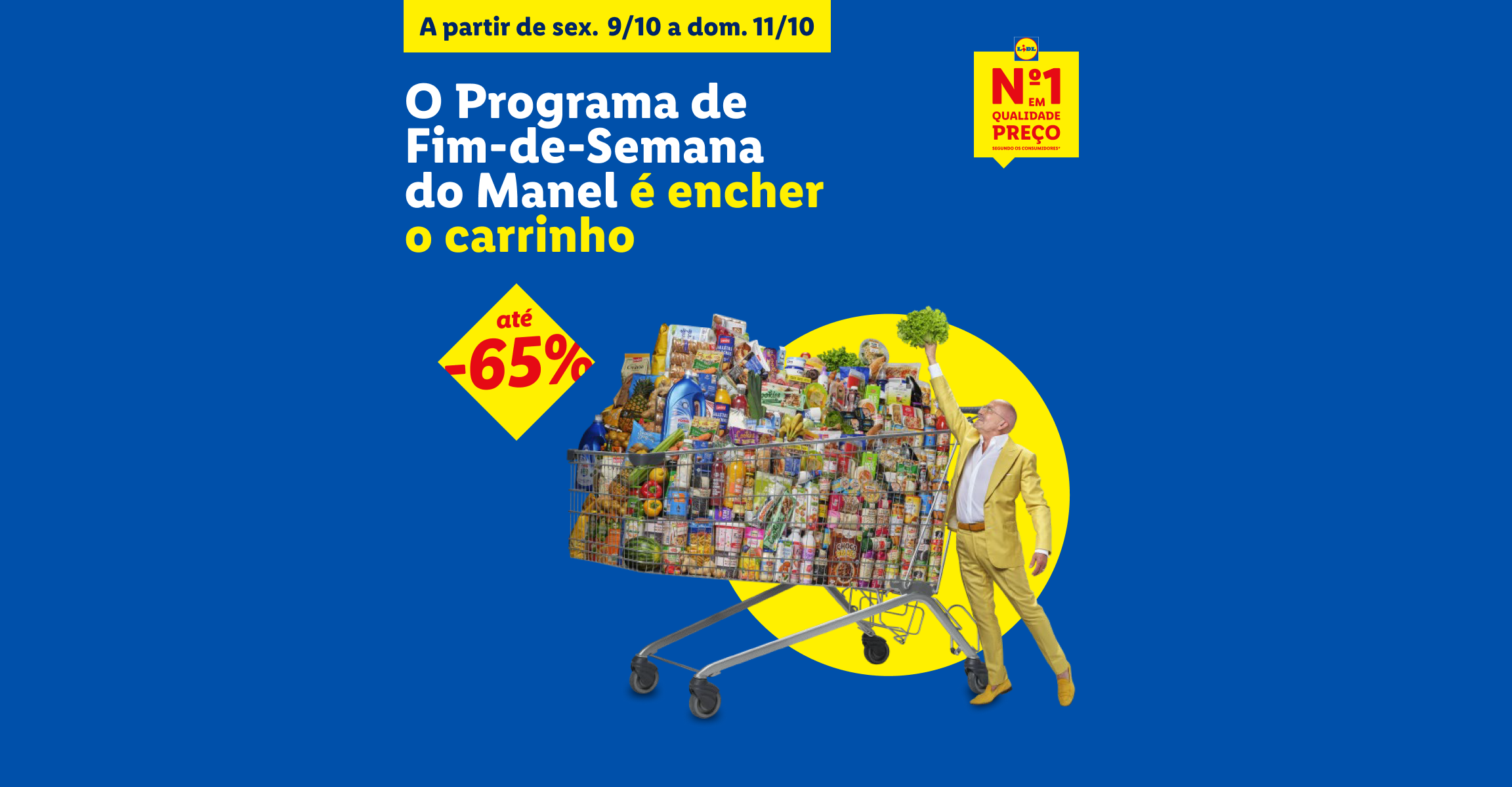 Campanha de fim de semana com descontos até 65% e carrinho de compras cheio.