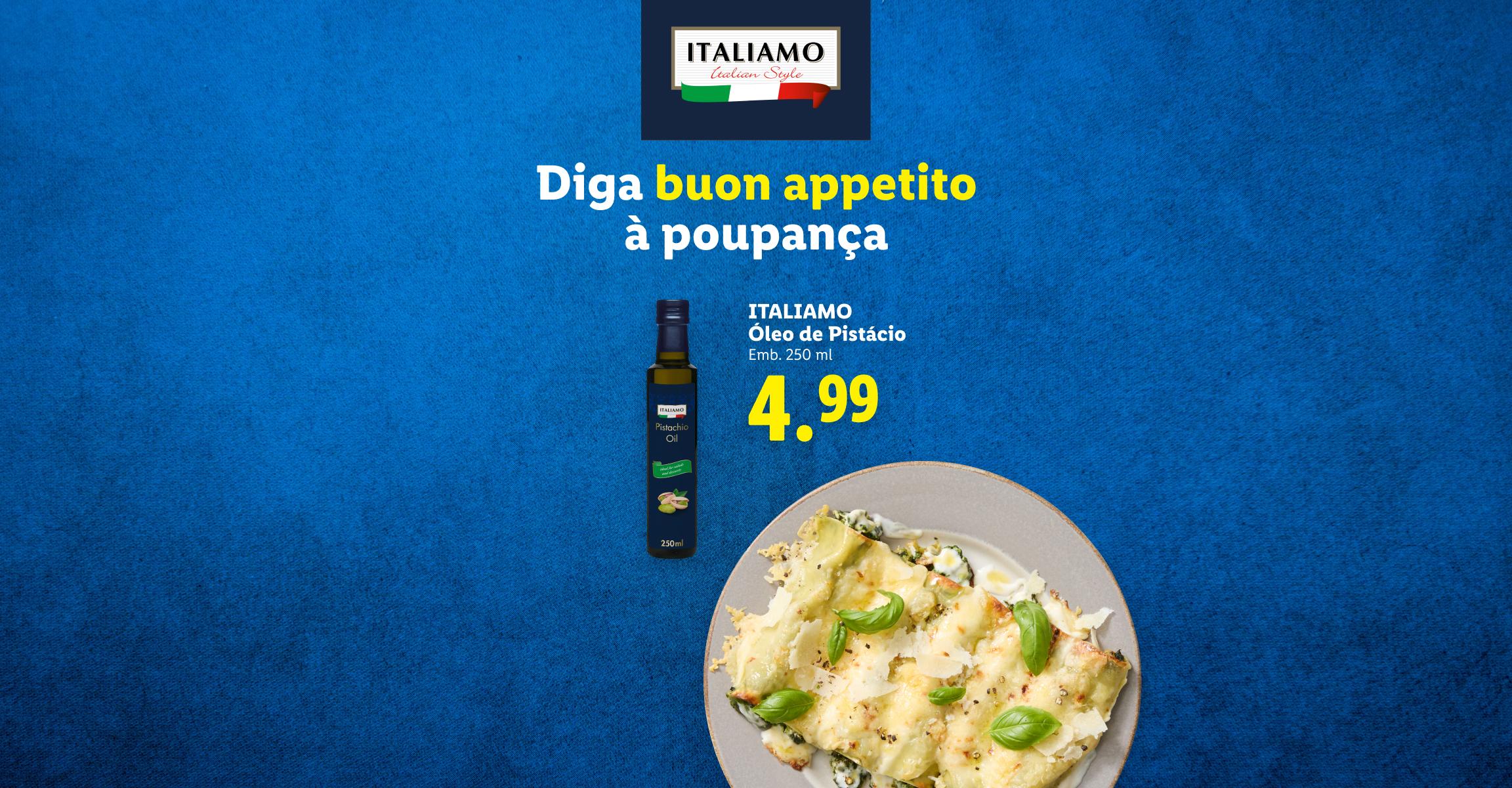 Óleo e pesto de pistácio com preços promocionais sobre fundo azul.