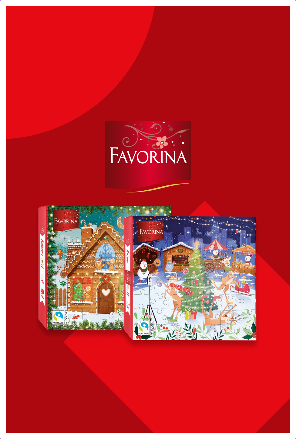 Puzzles Favorina com temas de Natal, incluindo uma casa de gengibre e um mercado de Natal.