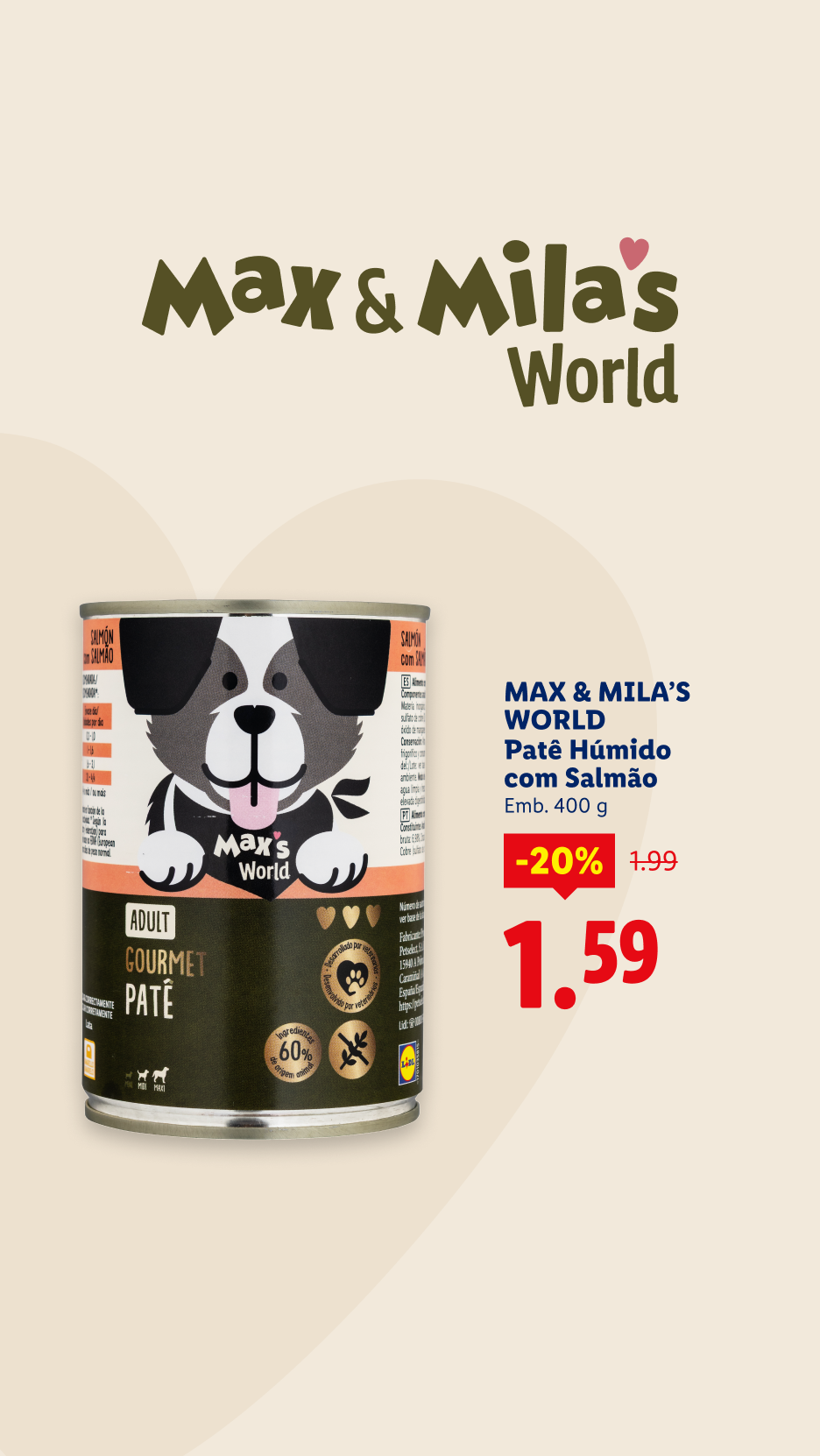 Patê húmido de salmão para cão adulto, em promoção por 1,59€.
