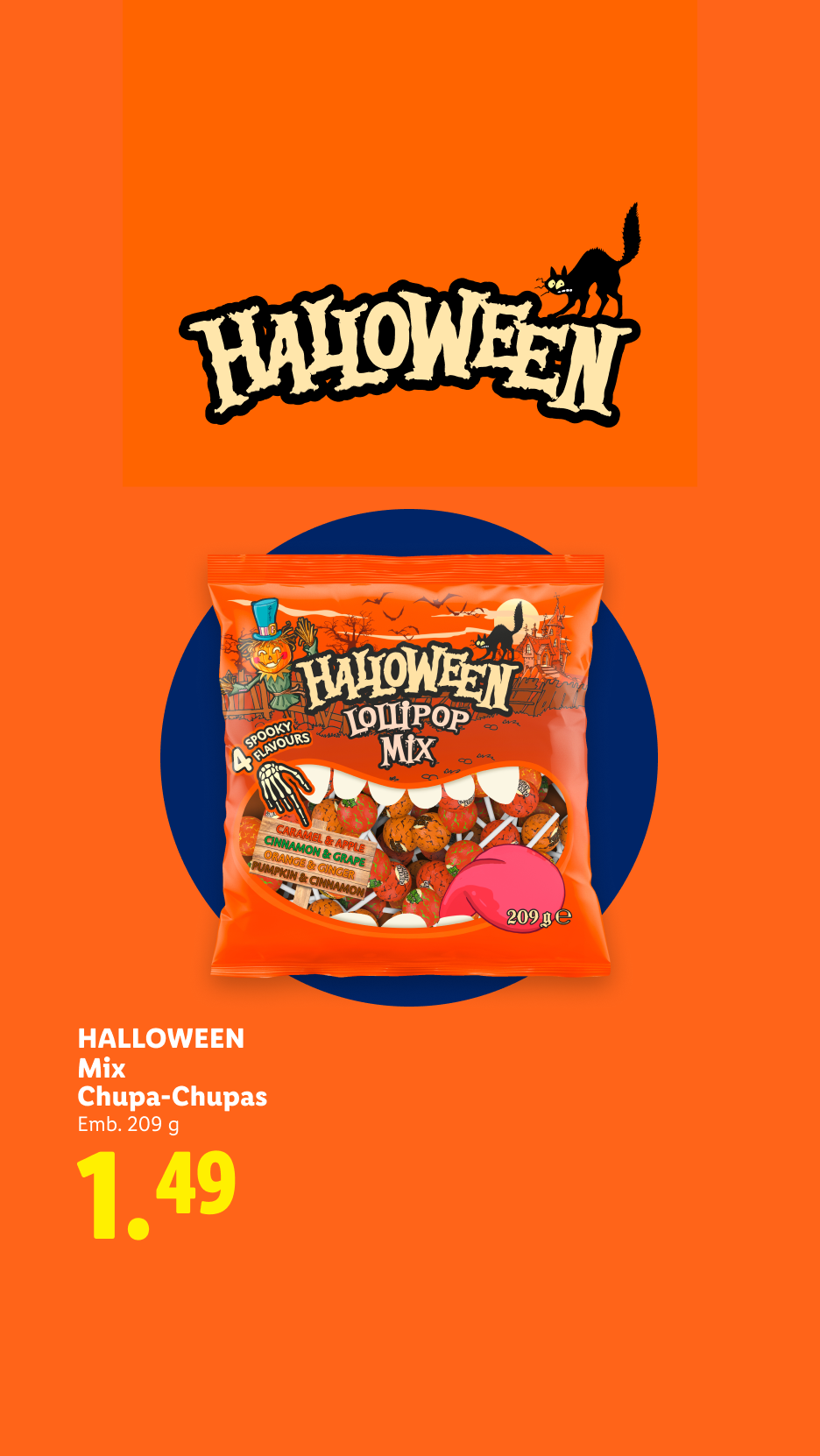 Saco de chupa-chupas de Halloween com 4 sabores assustadores por 1,49€.