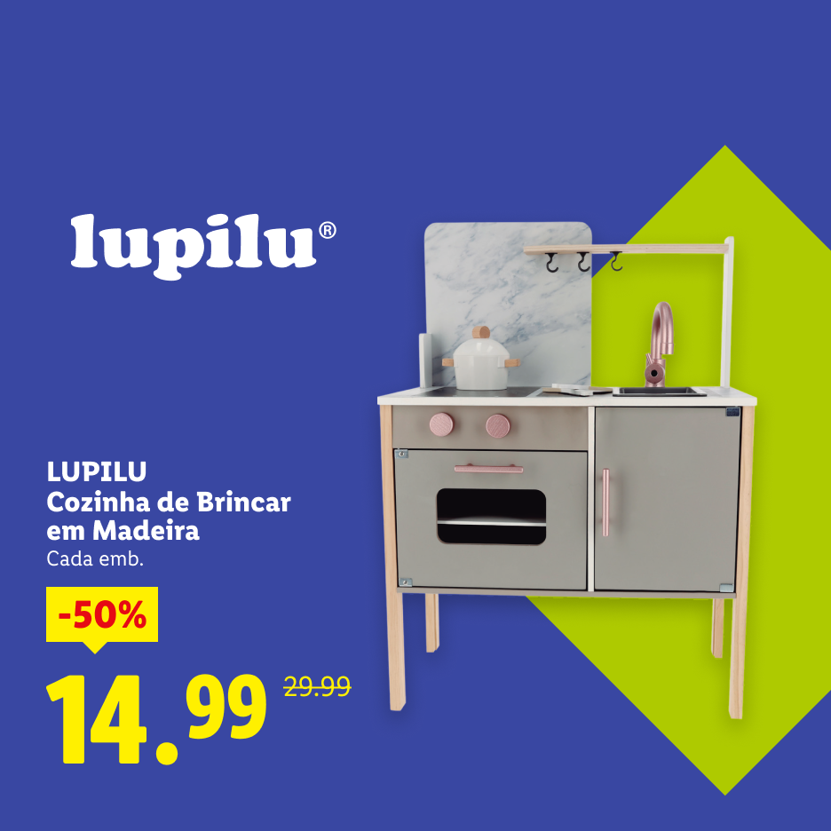 Cozinha de brincar em madeira com 50% de desconto por 14,99€.