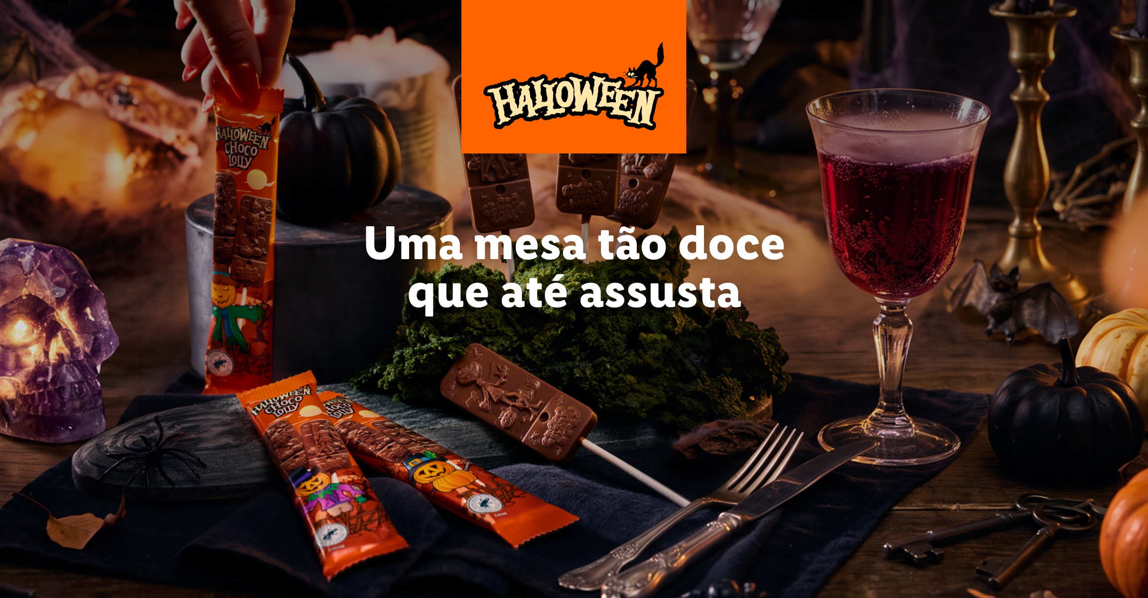 Banner promocional de Halloween com o slogan 'Uma mesa tão doce que até assusta' ao lado de uma mesa decorada com abóboras, caveira luminosa e pirulitos de chocolate.