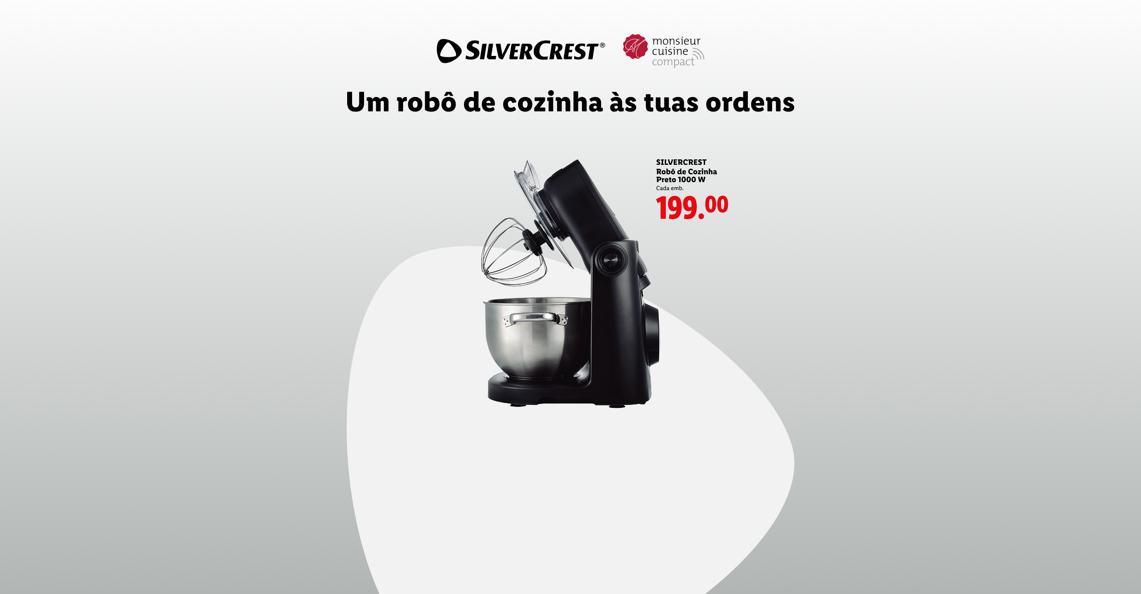 Robô de Cozinha Preto 1000 W da Silvercrest, com o slogan 'Um robô de cozinha às tuas ordens' e o preço de 199,00 €.