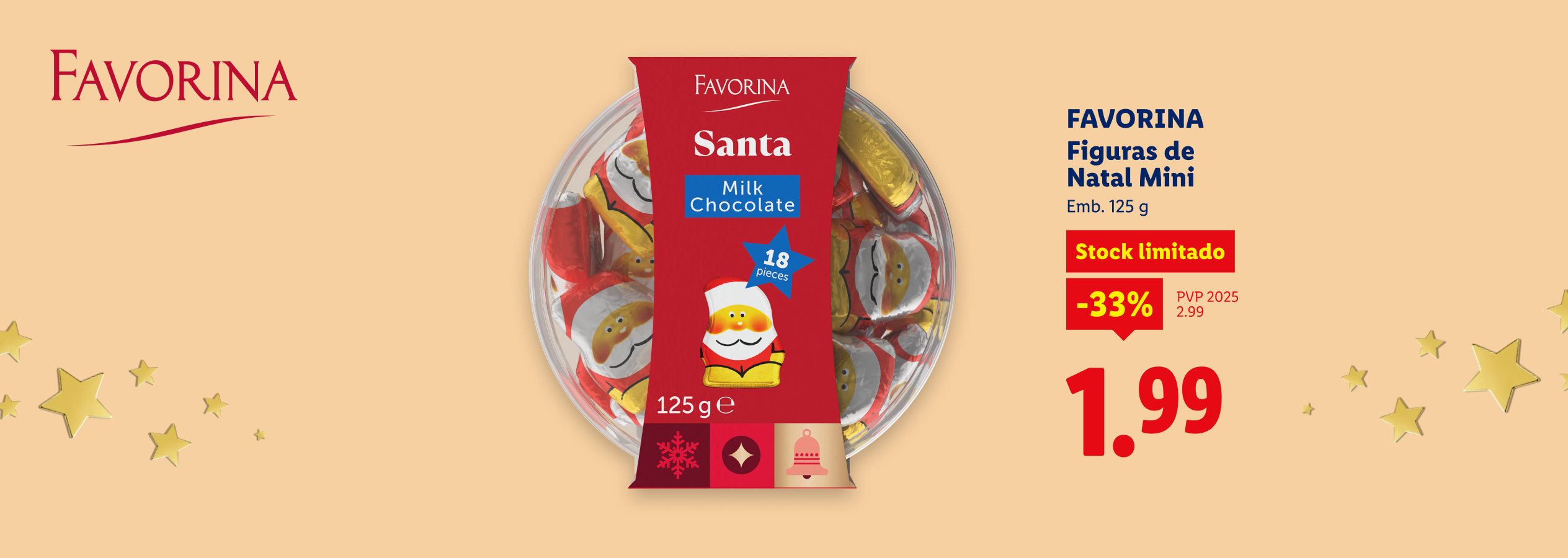 Figuras de chocolate de Pai Natal em promoção para o Natal.