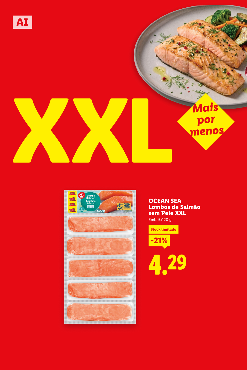 Lombos de salmão sem pele XXL com desconto de 21% por 4,29€.