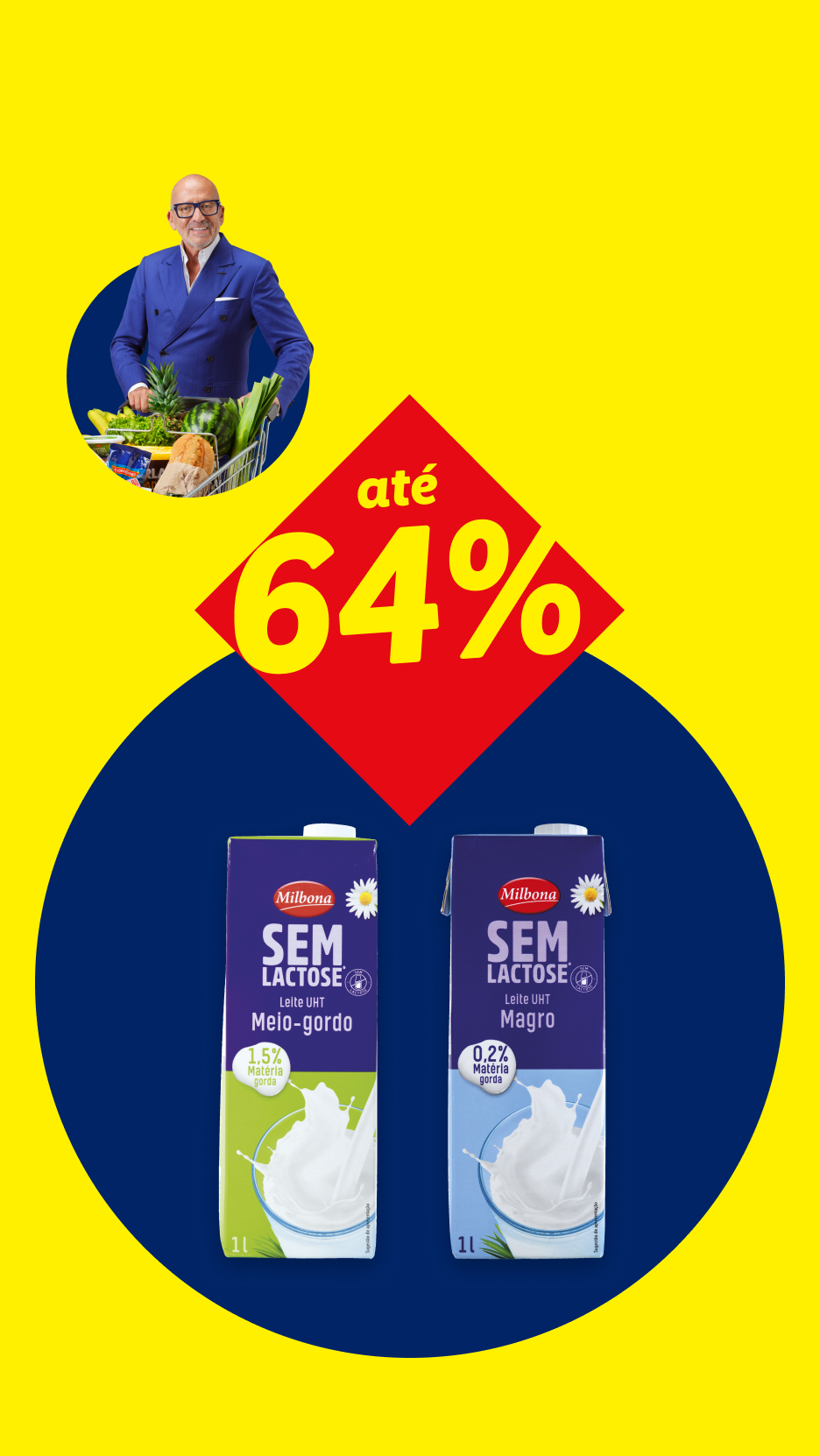 Campanha promocional com desconto de até 64% em Leite UHT Sem Lactose Milbona, nas variedades Meio-gordo (1,5% de matéria gorda) e Magro (0,2% de matéria gorda), em embalagens de 1 litro.