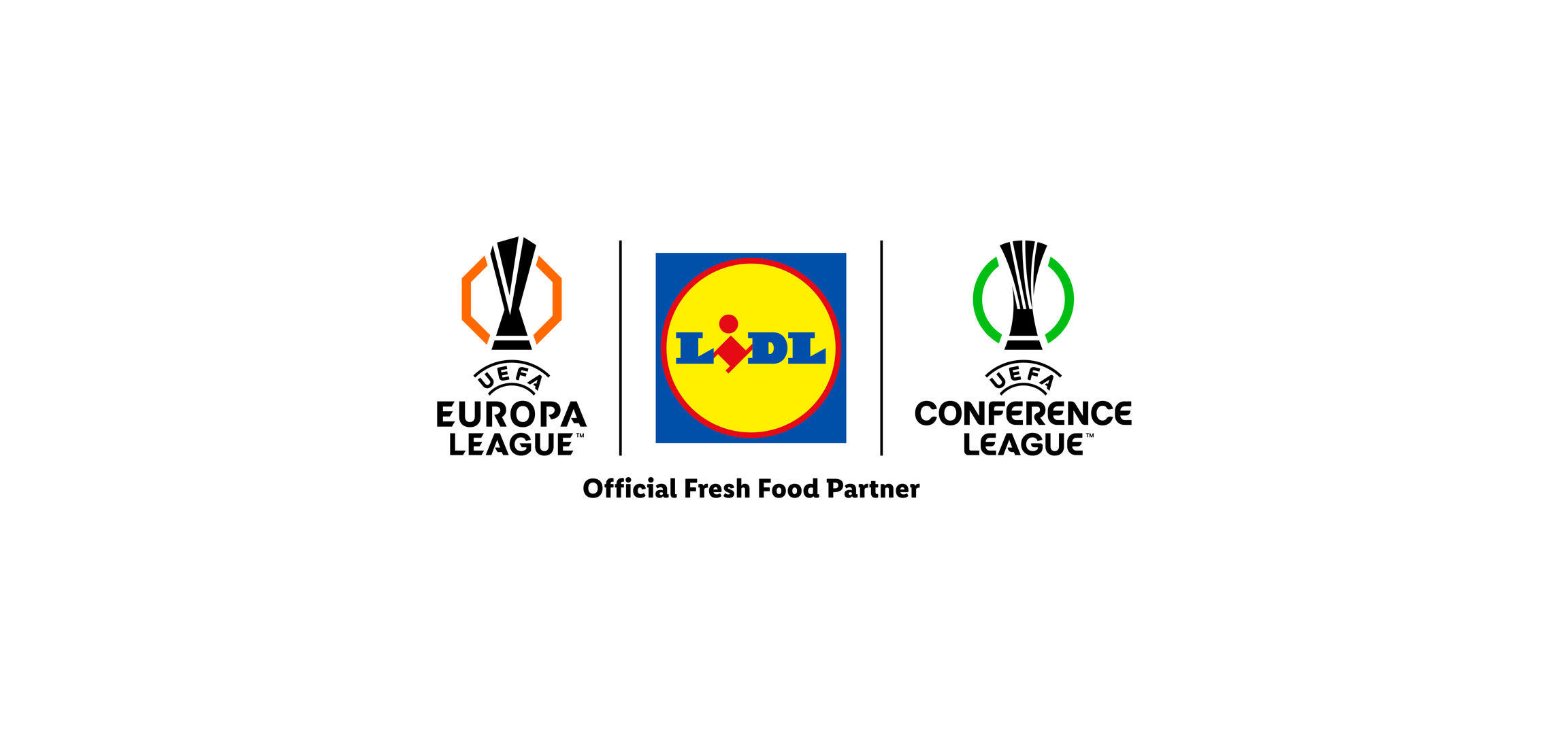Logótipos da UEFA Europa League e da Conference League com a inscrição "Official Fresh Food Partner".