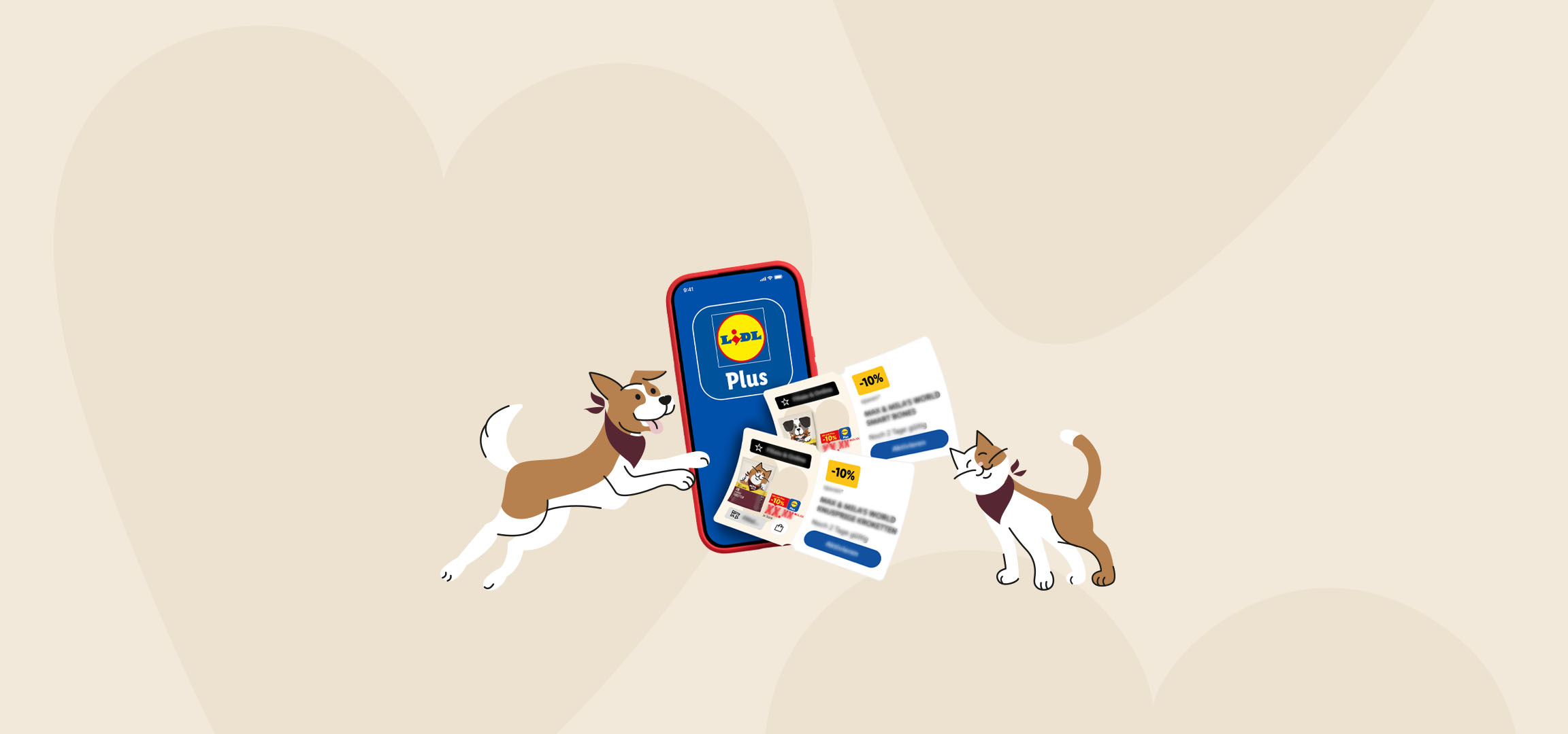 Aplicação com ofertas de comida para animais de estimação, rodeada por um gato e um cão.