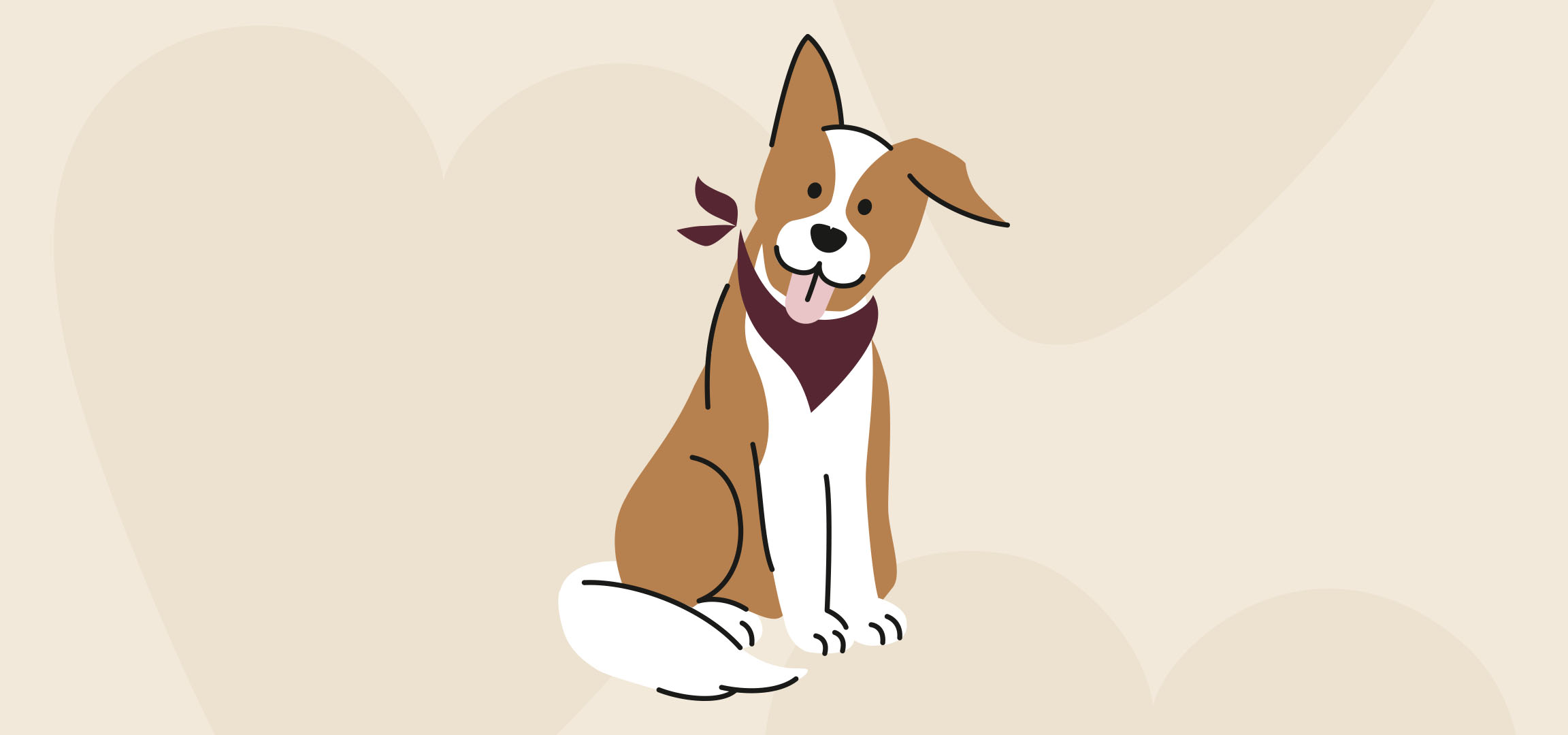 Cão de desenho animado feliz com bandana vermelha sentado em um fundo bege claro.