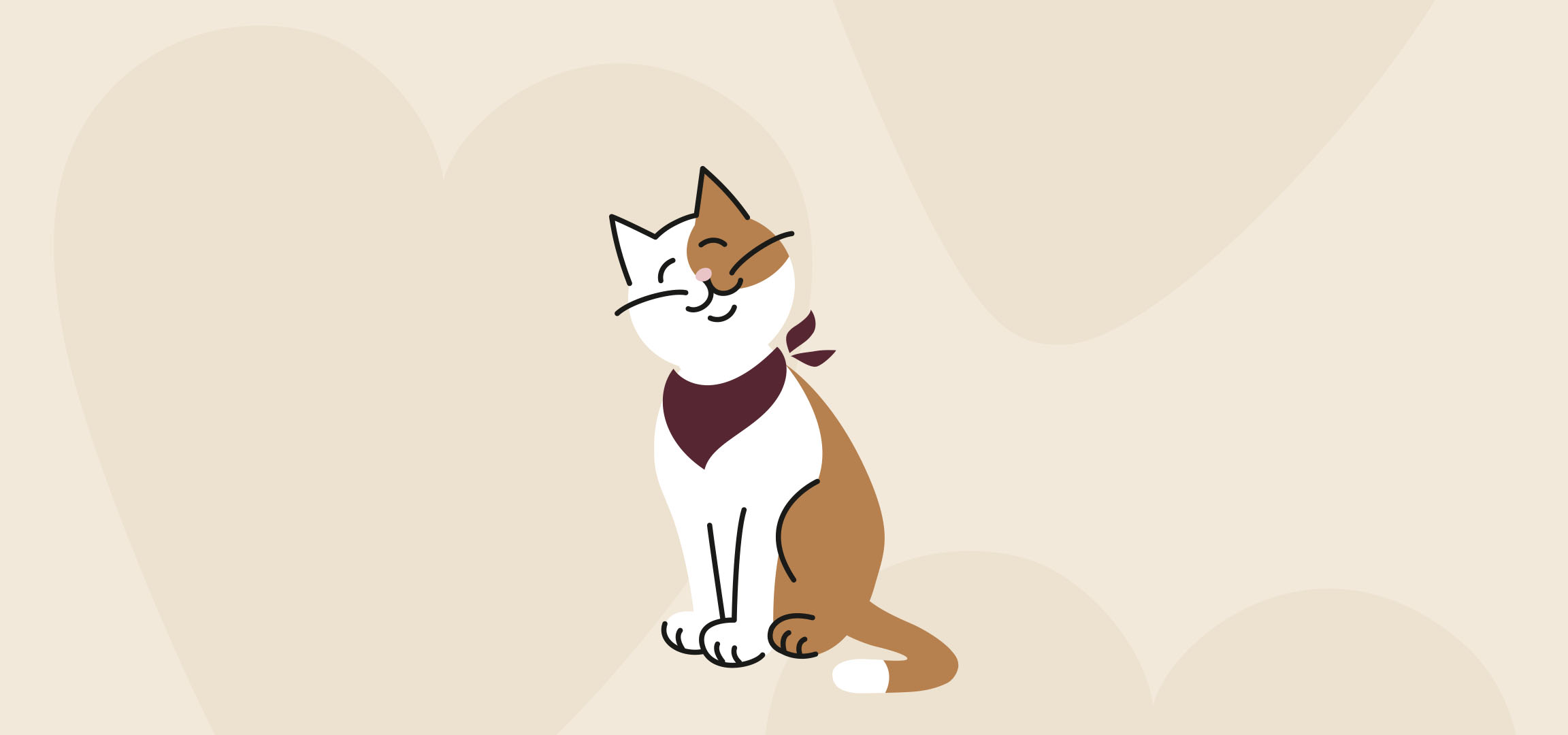 Um gato sorridente com uma bandana bordô num fundo bege com formas abstratas.