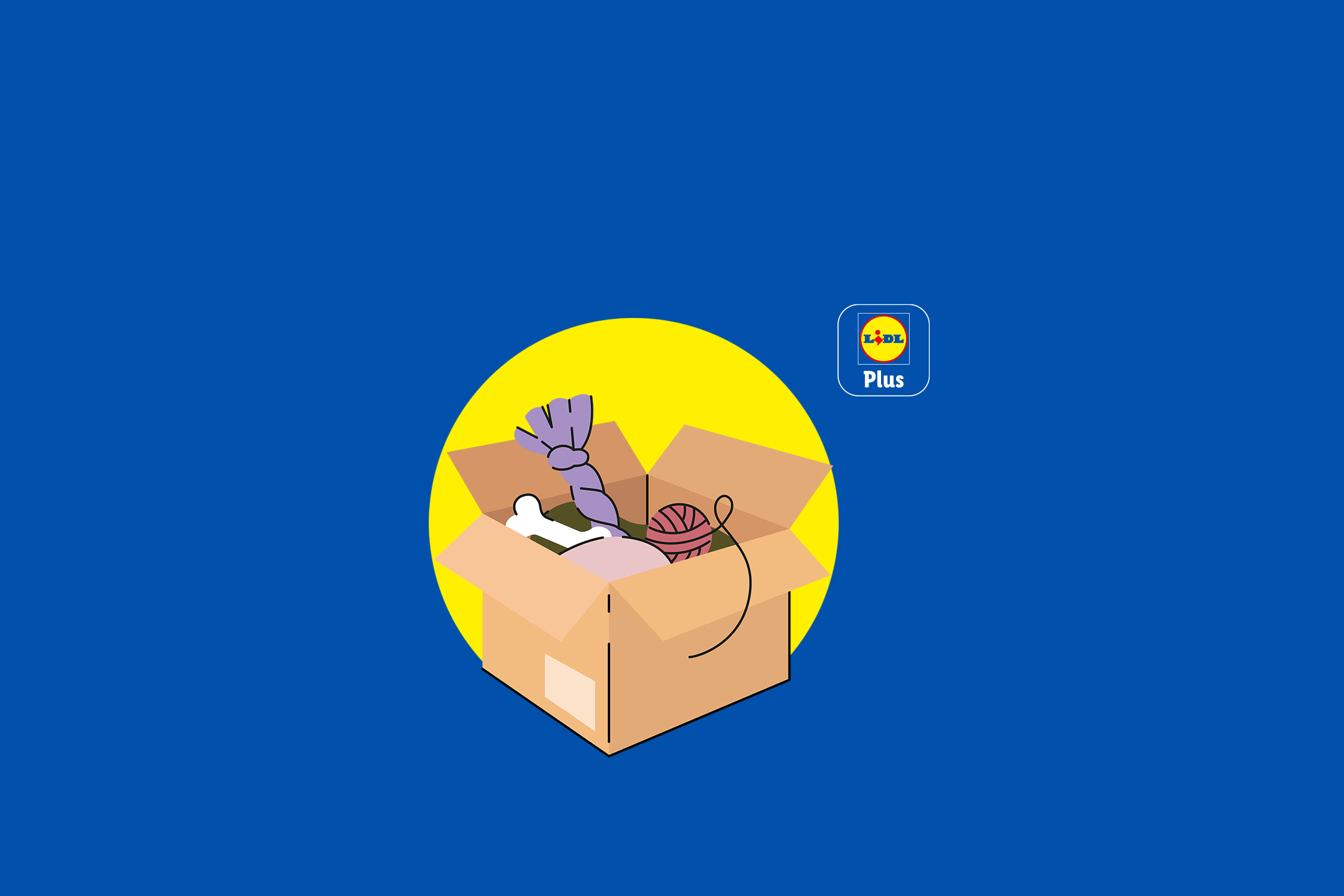 Caixa de papelão cheia de suprimentos para animais de estimação como um osso, brinquedo de corda e lã, em um fundo azul.
