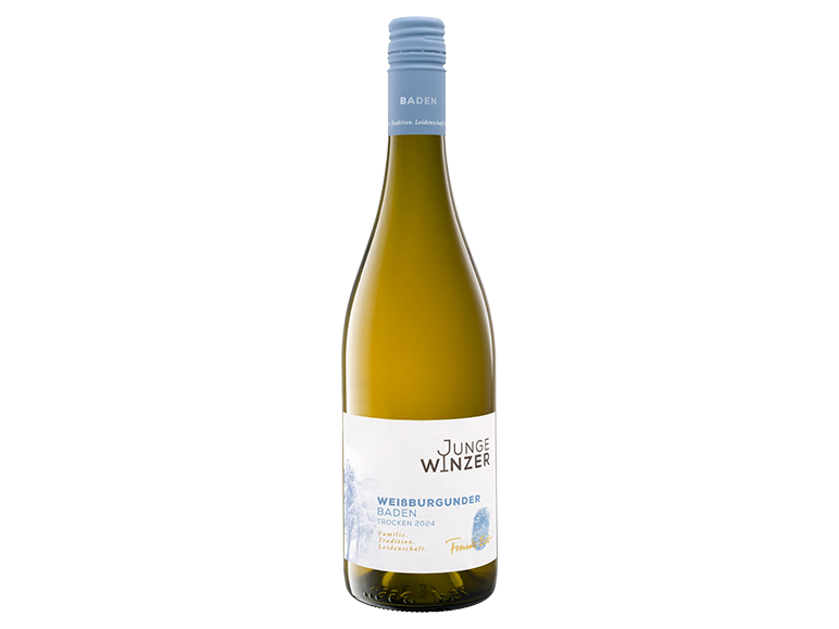Garrafa de vinho branco com rótulo 'JUNGE WINZER WEISSBURGUNDER BADEN'