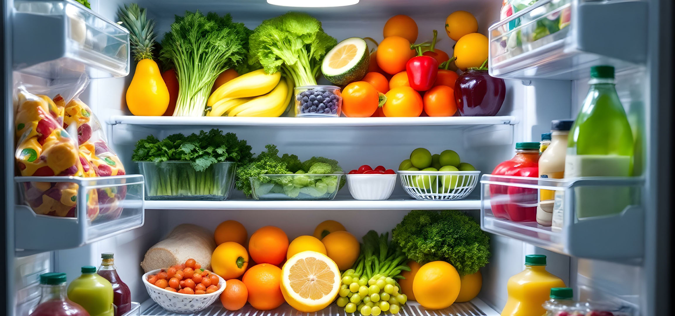 Laranjas, legumes e sumos num frigorífico.