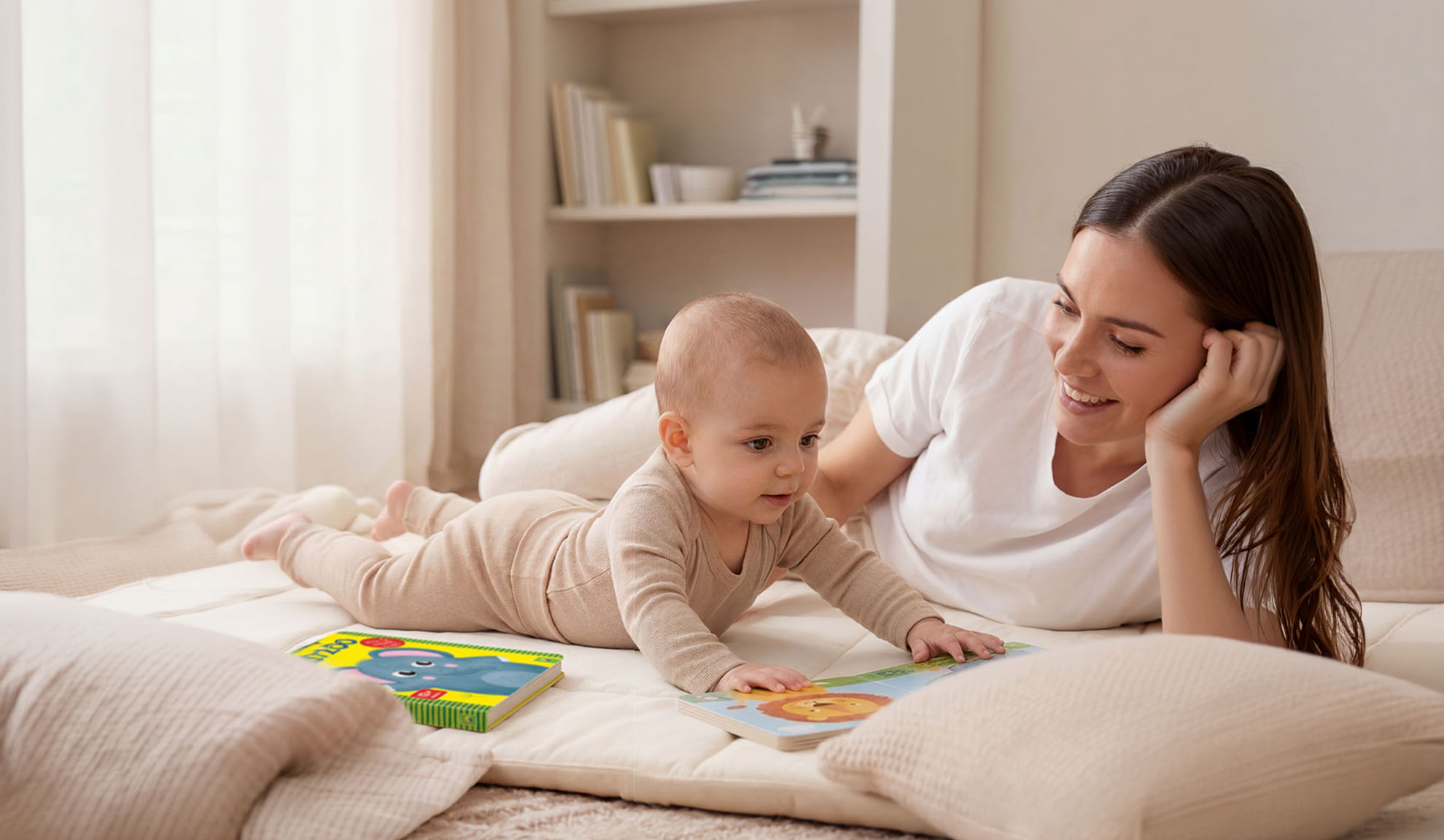 Mãe e bebé deitados no chão, a ler livros com imagens de animais.