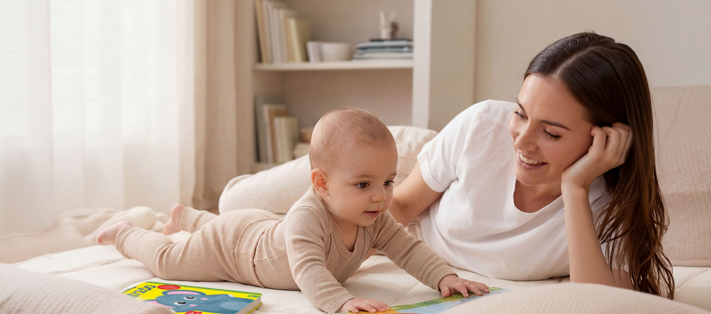 Mãe e bebé deitados na cama, a ler um livro.