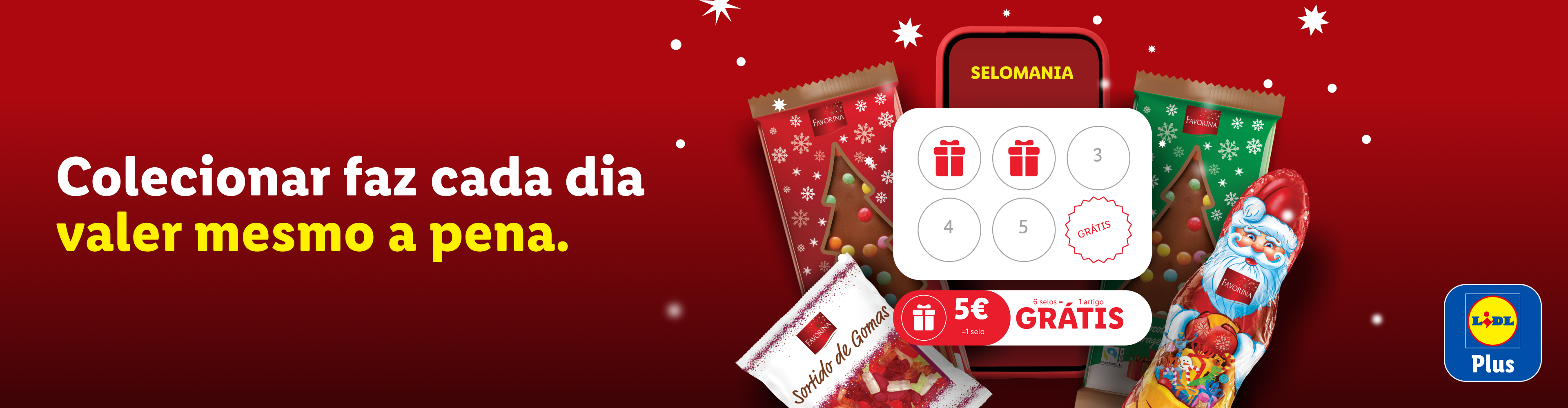 Doces de Natal Favorina e app Selomania do Lidl Plus com selos para artigos grátis.