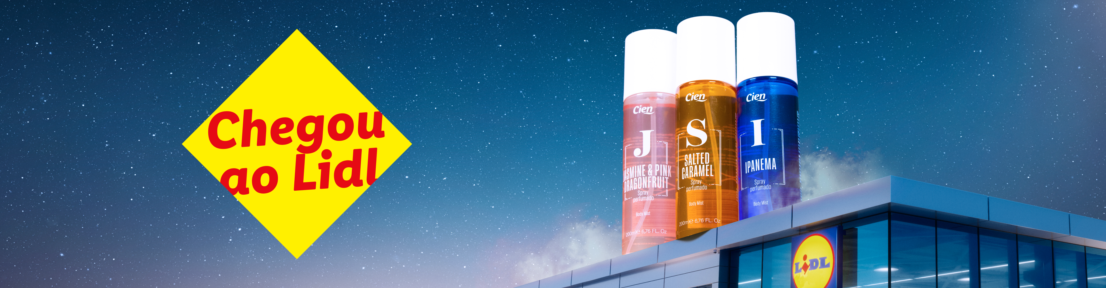 Três sprays perfumados de corpo em cima de uma loja, com a mensagem 'Chegou ao Lidl'.